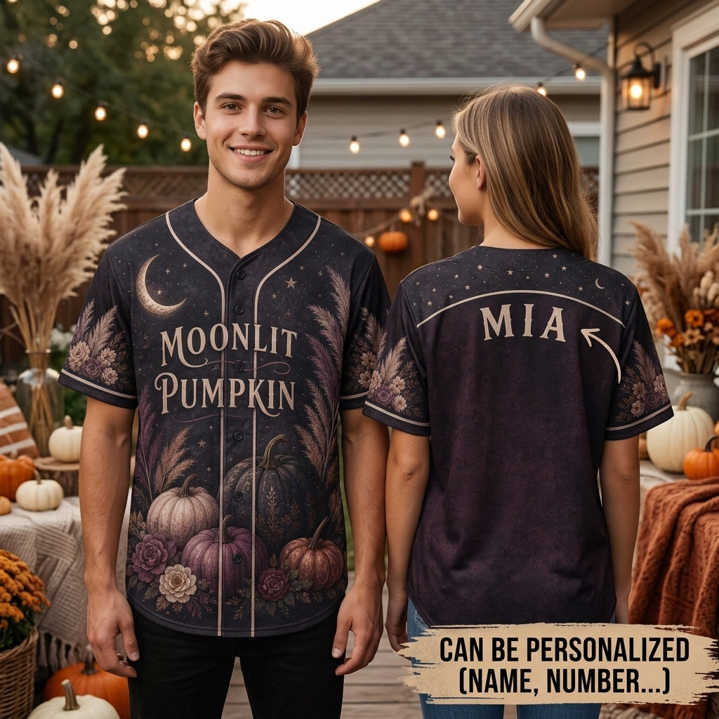 Personalized Moonlit Pumpkin Baseball Jersey - Custom Name Moody Floral Autumn Celestial Sporty Shirt