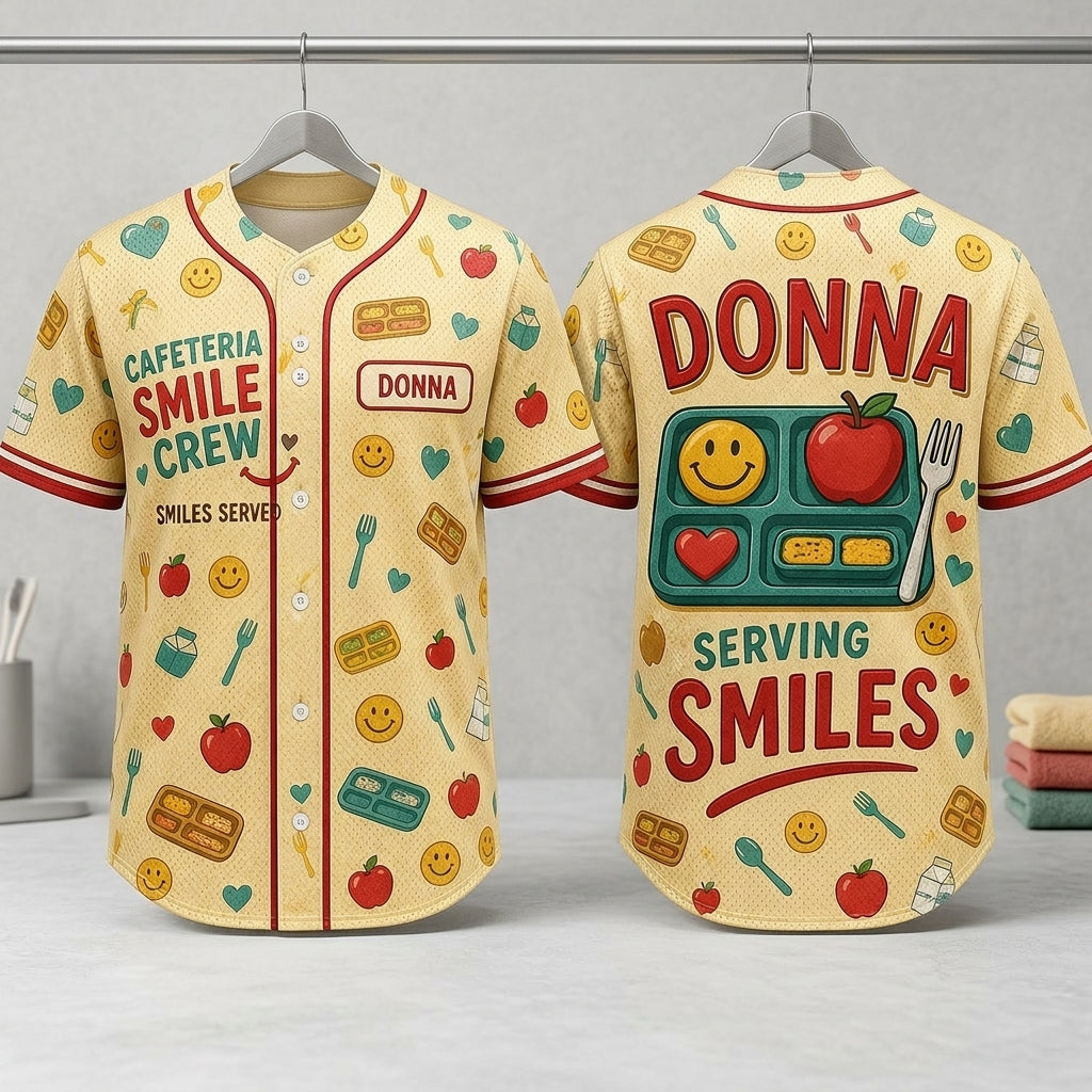 Personalized Cafeteria Smile Crew Baseball Jersey - Custom Name Gift for Lunch Ladies & School Nutrition Workers