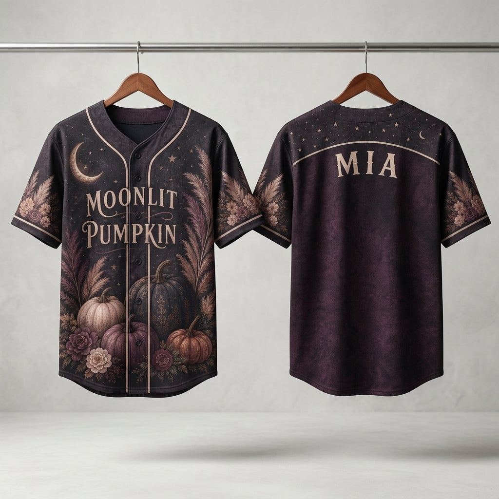 Personalized Moonlit Pumpkin Baseball Jersey - Custom Name Moody Floral Autumn Celestial Sporty Shirt