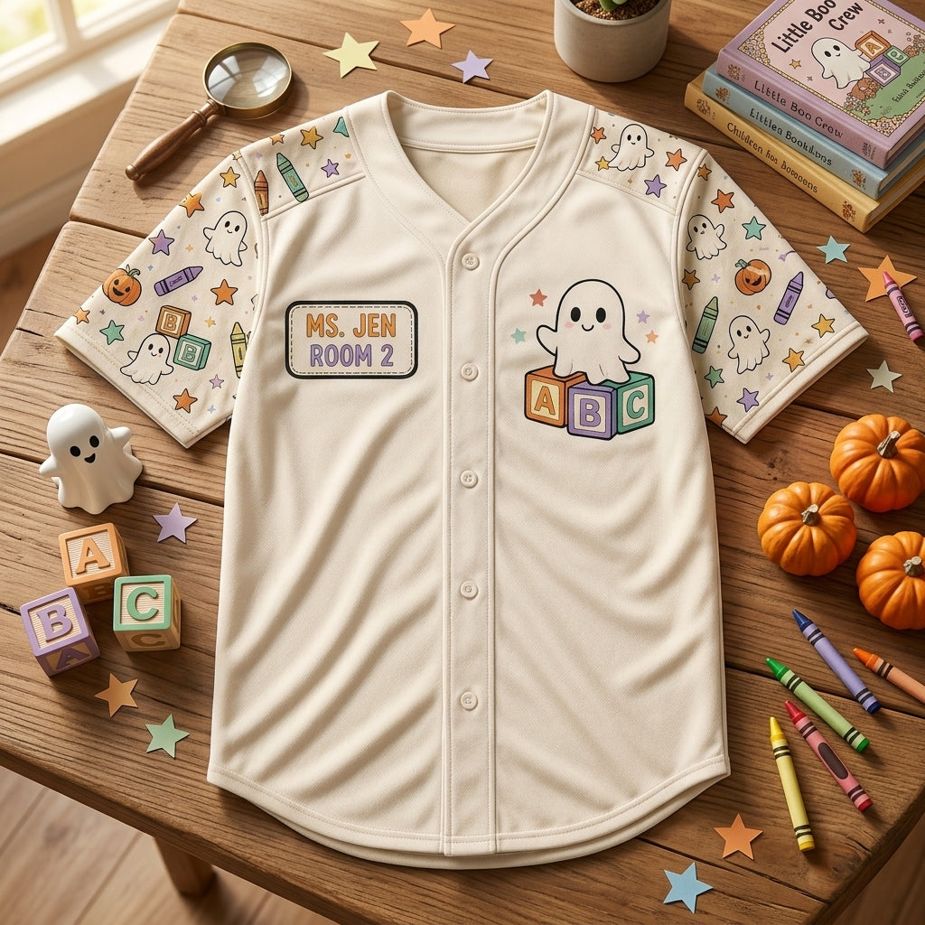 Personalized Little Boo Crew Teacher Halloween Baseball Jersey - Custom Name & Classroom Number Ghost Shirt