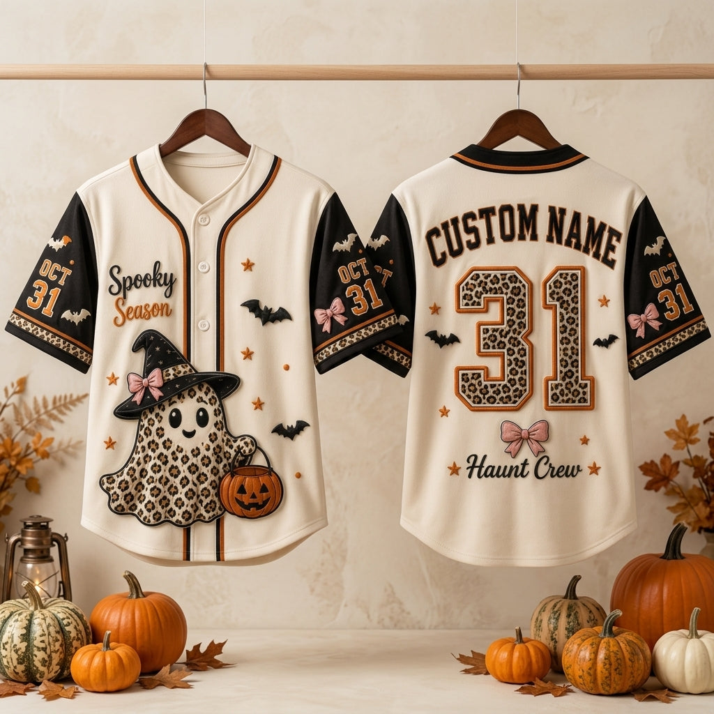 Personalized Spooky Season Halloween Baseball Jersey - Custom Name Leopard Print Ghost Haunt Crew Button Down