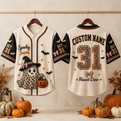 Personalized Spooky Season Halloween Baseball Jersey - Custom Name Leopard Print Ghost Haunt Crew Button Down