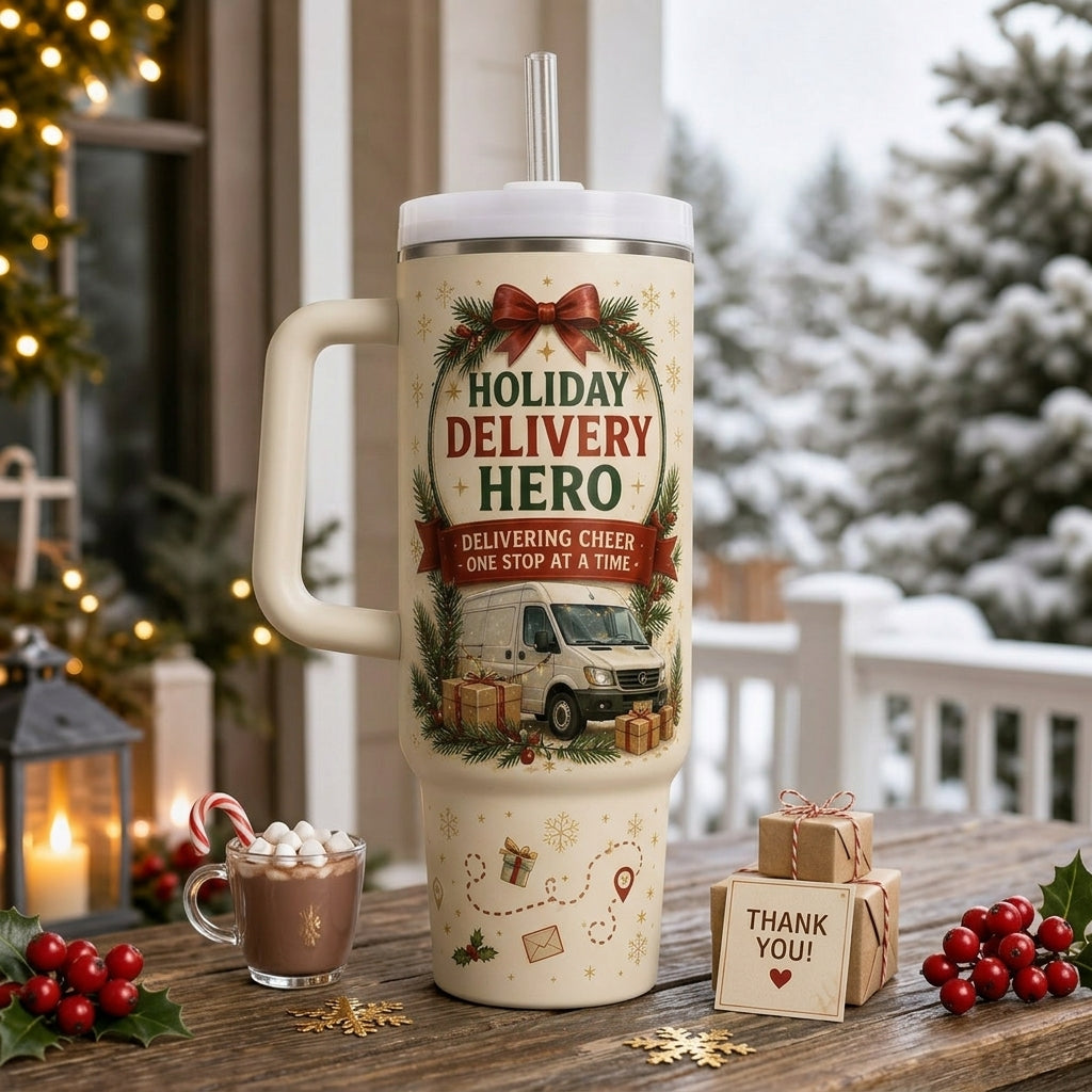 Personalized Holiday Delivery Hero 40oz Tumbler with Handle - Custom Name Christmas Gift for Drivers