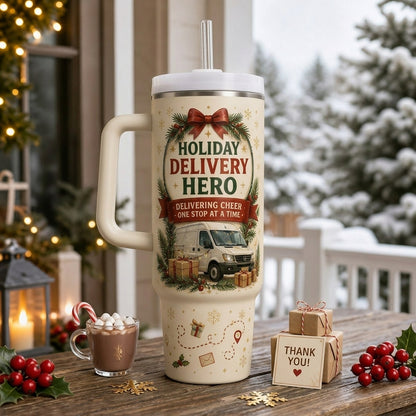 Personalized Holiday Delivery Hero 40oz Tumbler with Handle - Custom Name Christmas Gift for Drivers