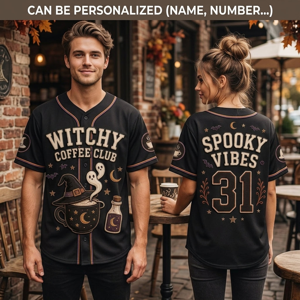 Personalized Witchy Coffee Club Baseball Jersey - Spooky Vibes Halloween Custom Name and Number Sportswear product view 2