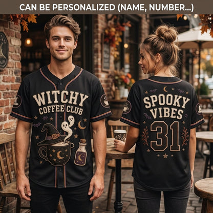 Personalized Witchy Coffee Club Baseball Jersey - Spooky Vibes Halloween Custom Name and Number Sportswear product view 2