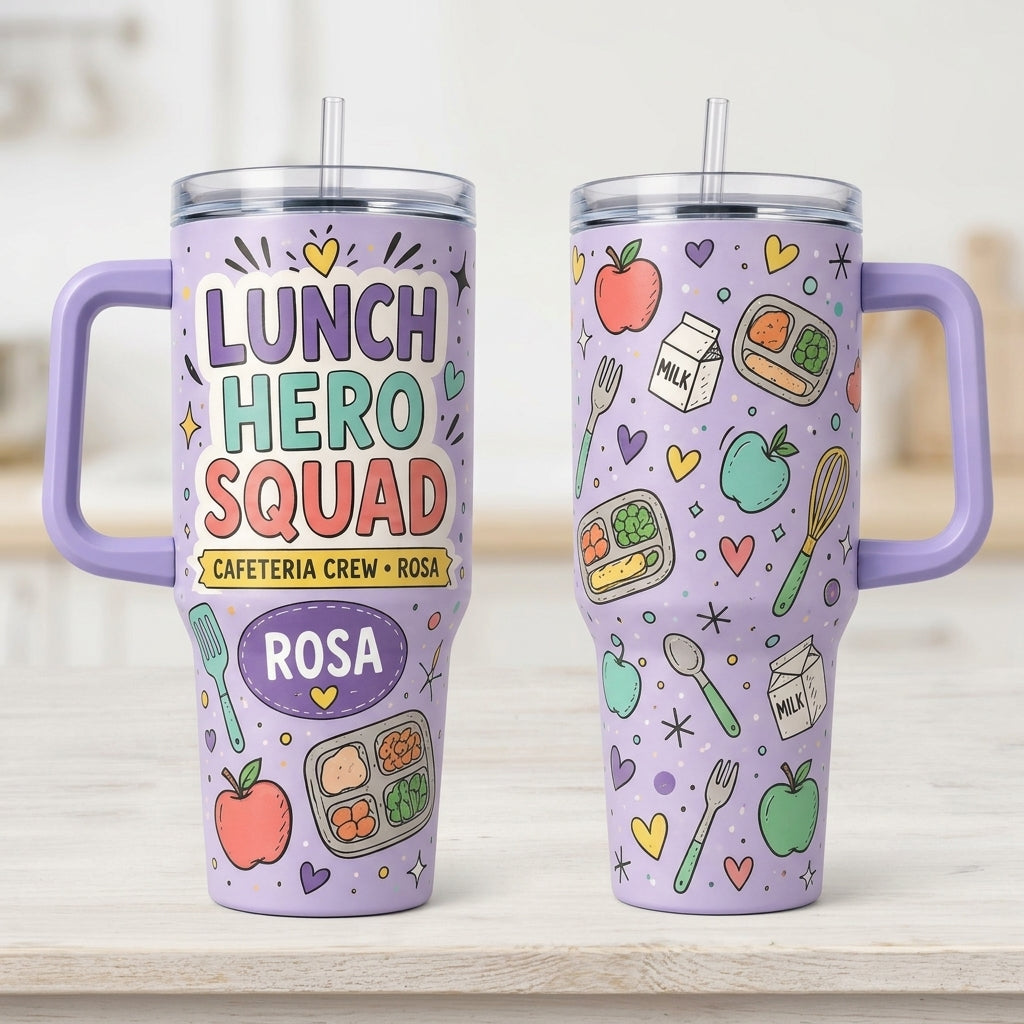 Personalized Lunch Hero Squad 40oz Tumbler with Handle, Custom Name Cafeteria Crew Gift for School Lunch Ladies