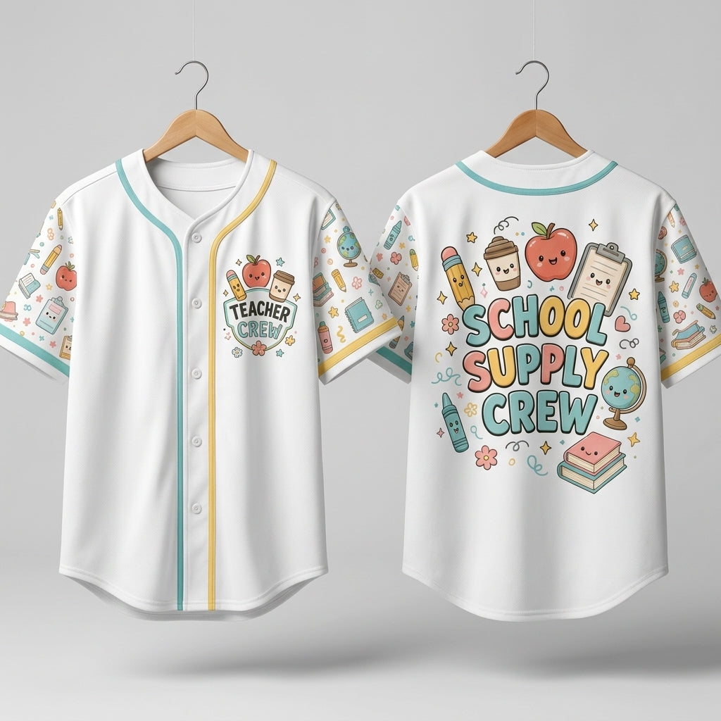 Personalized School Supply Crew Baseball Jersey - Cute Kawaii Teacher Appreciation Gift - Custom Back to School Apparel