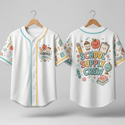 Personalized School Supply Crew Baseball Jersey - Cute Kawaii Teacher Appreciation Gift - Custom Back to School Apparel