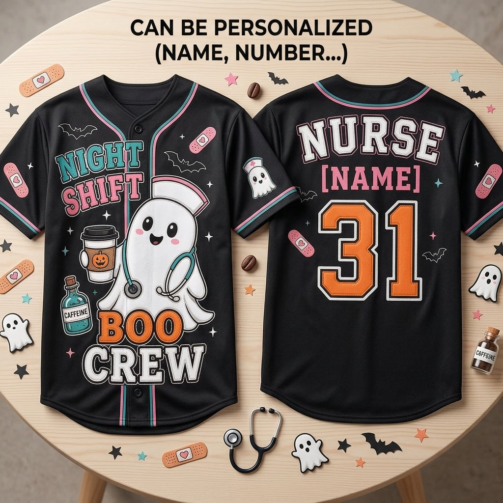 Personalized Night Shift Boo Crew Halloween Nurse Baseball Jersey - Custom Name Ghost Nurse Gift