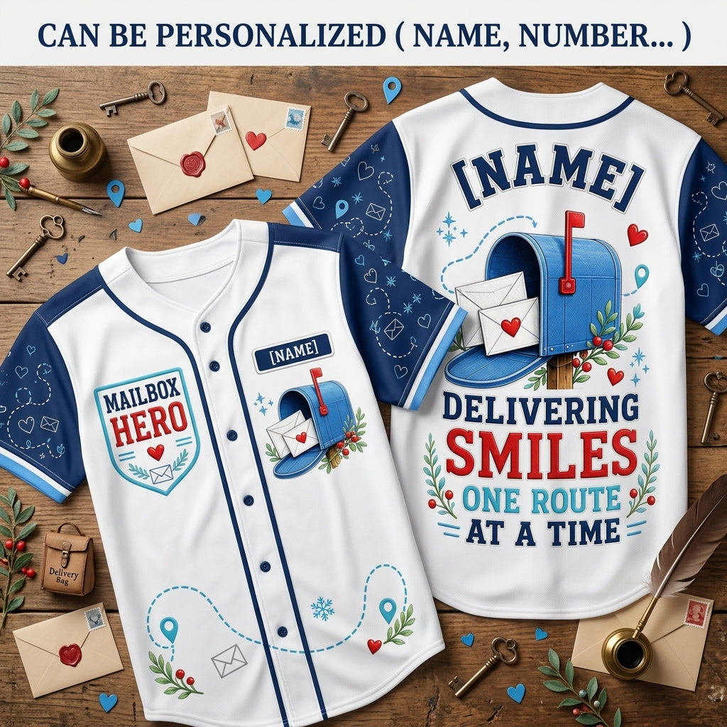 Personalized Mailbox Hero Baseball Jersey - Custom Name Postal Worker Gift - Delivering Smiles Mail Carrier Shirt
