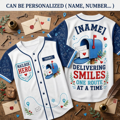Personalized Mailbox Hero Baseball Jersey - Custom Name Postal Worker Gift - Delivering Smiles Mail Carrier Shirt