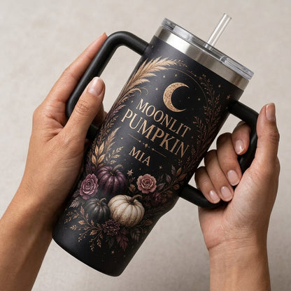 Personalized Moonlit Pumpkin 40oz Tumbler with Handle, Custom Name Celestial Fall Autumn Travel Mug