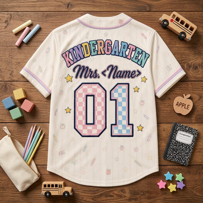 Personalized Kindergarten Crew Baseball Jersey - Custom Teacher Name and Number Back to School Spirit Shirt