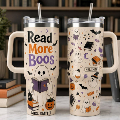 Personalized Read More Boos 40oz Tumbler with Handle, Custom Name Ghost Book Lover Gift, Insulated Halloween Mug