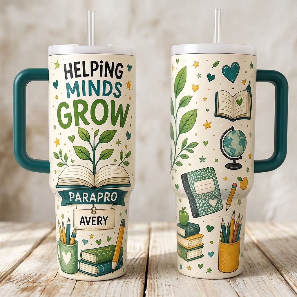 Personalized Parapro Teacher Gift 40oz Tumbler with Handle - Helping Minds Grow Custom Name Education Assistant Cup