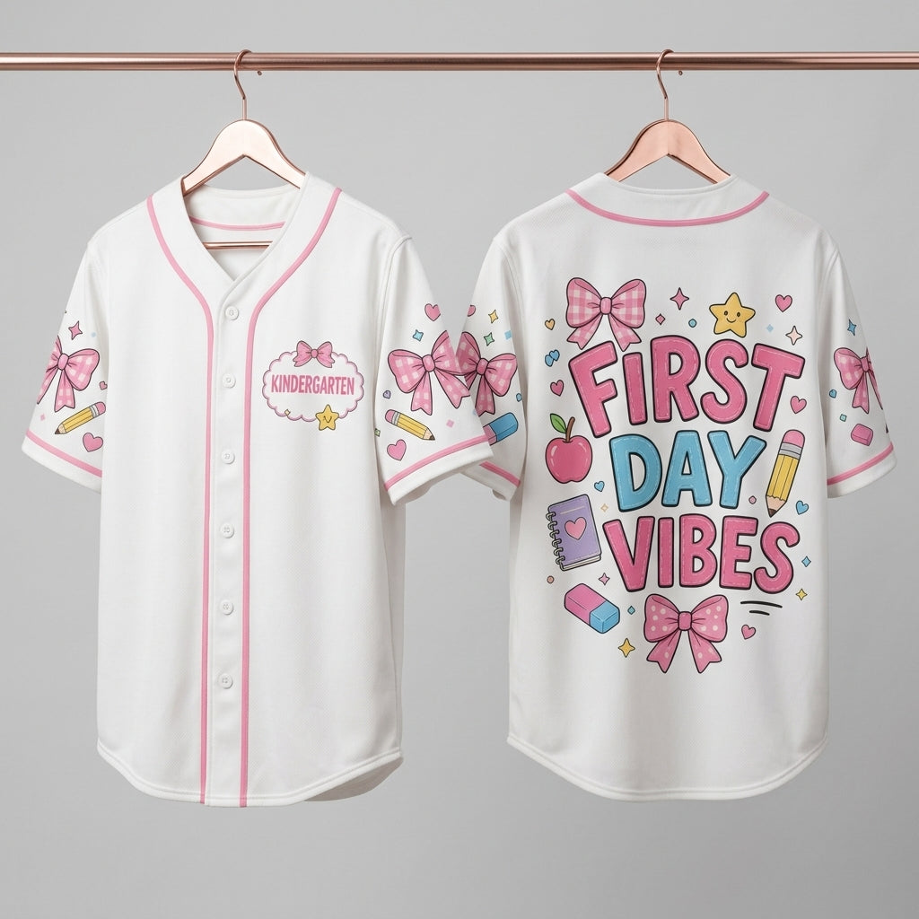 Personalized First Day Vibes Baseball Jersey - Custom Kindergarten Back to School Shirt - Pink Bow Coquette Outfit