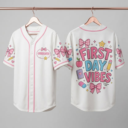 Personalized First Day Vibes Baseball Jersey - Custom Kindergarten Back to School Shirt - Pink Bow Coquette Outfit