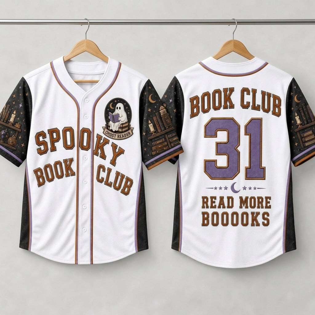 Personalized Spooky Book Club Baseball Jersey - Ghost Reader Halloween Gift for Book Lovers - Custom Name and Number