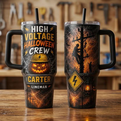 Personalized Lineman High Voltage Halloween Crew 40oz Tumbler with Handle - Custom Name Gift
