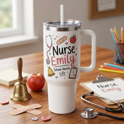 Personalized School Nurse 40oz Tumbler with Handle - Custom Name & Room Number Nurse Life Gift