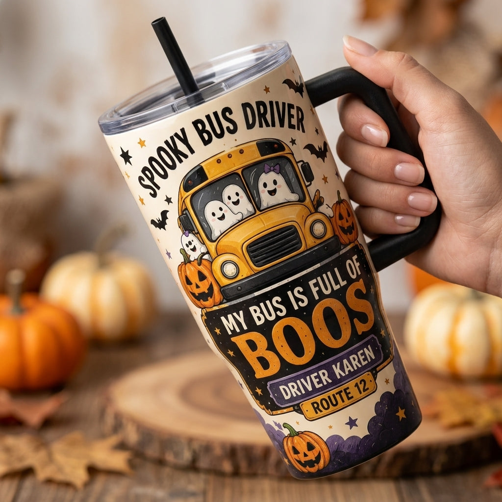 Personalized Spooky Bus Driver 40oz Tumbler with Handle - Custom Name Halloween Gift