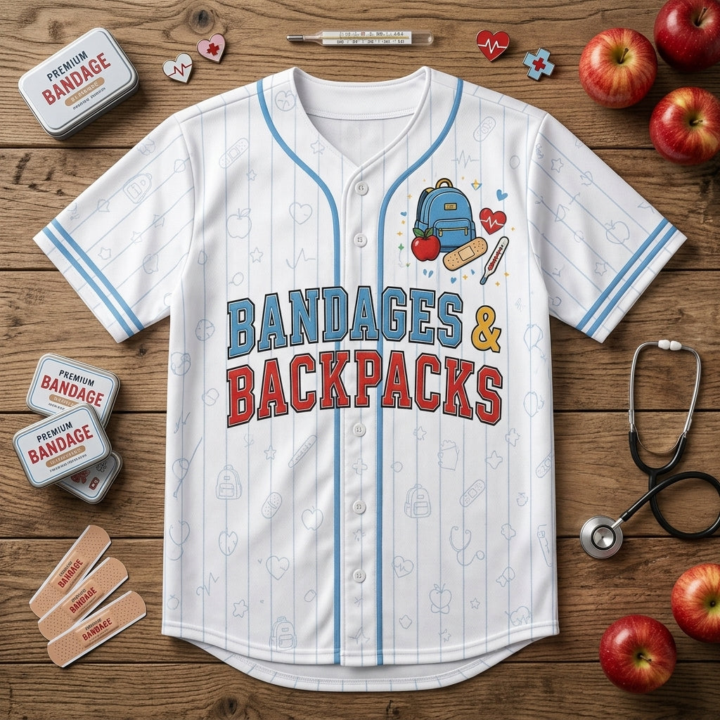 Personalized School Nurse Baseball Jersey - Custom Name & Number Bandages and Backpacks Nursing Shirt