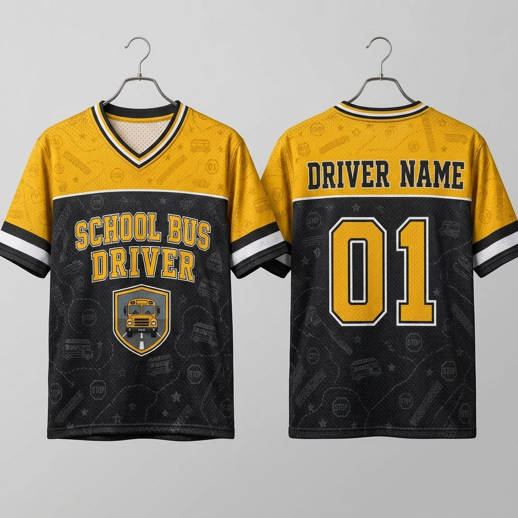 Personalized School Bus Driver Football Jersey - Custom Name & Number Mesh Sporty Jersey