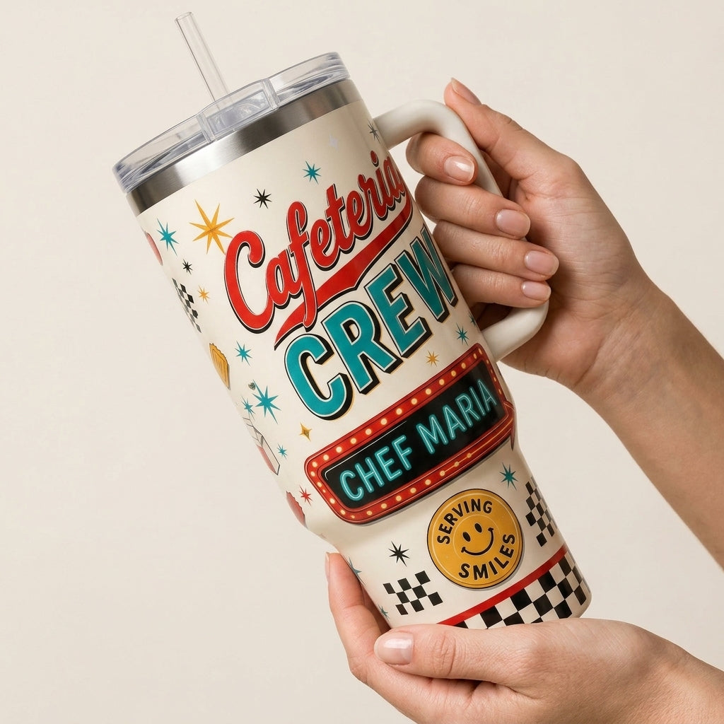 Personalized Cafeteria Crew 40oz Tumbler with Handle - Custom Name School Lunch Lady Gift