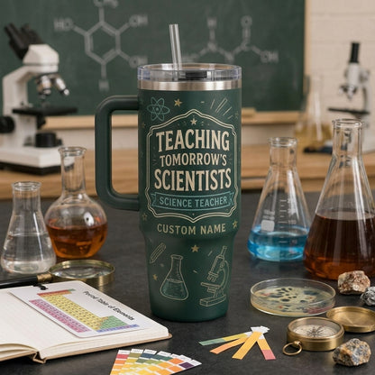 Personalized Science Teacher 40oz Tumbler with Handle - Custom Name Teaching Tomorrow's Scientists Travel Mug