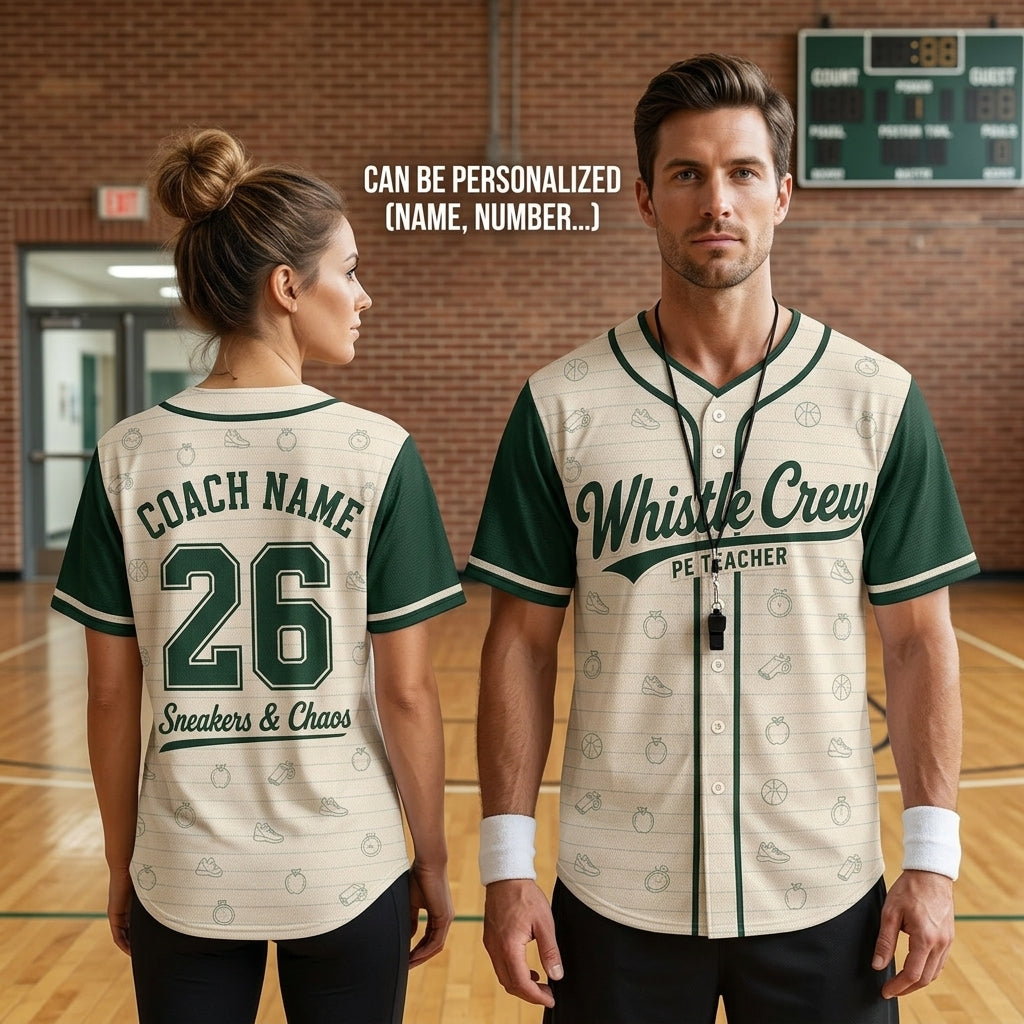 Personalized PE Teacher Baseball Jersey - Custom Coach Name Whistle Crew Sport Shirt for Gym Teachers