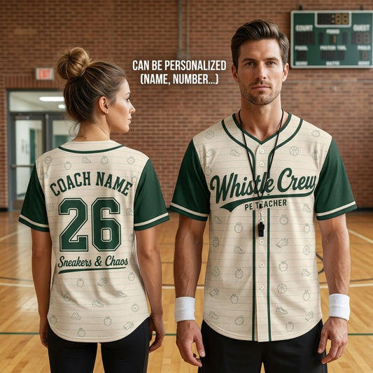 Personalized PE Teacher Baseball Jersey - Custom Coach Name Whistle Crew Sport Shirt for Gym Teachers