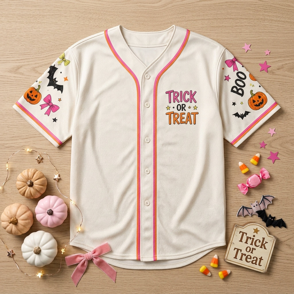 Girly Trick or Treat Halloween Baseball Jersey - Personalized Pink Ghost & Pumpkin Graphic Sport Shirt