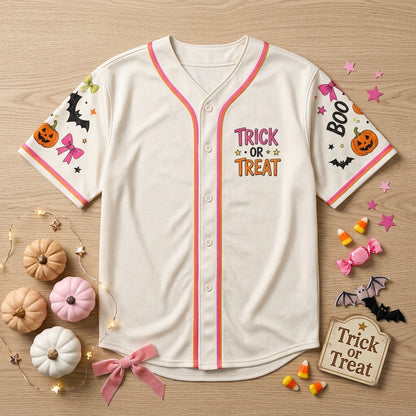 Girly Trick or Treat Halloween Baseball Jersey - Personalized Pink Ghost & Pumpkin Graphic Sport Shirt