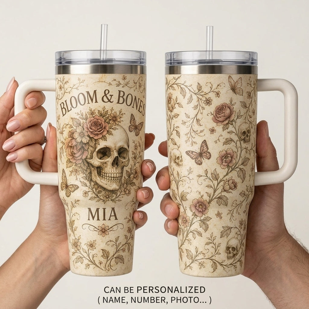 Personalized Bloom & Bones Skull Floral 40oz Tumbler with Handle - Custom Name Vintage Gothic Gift