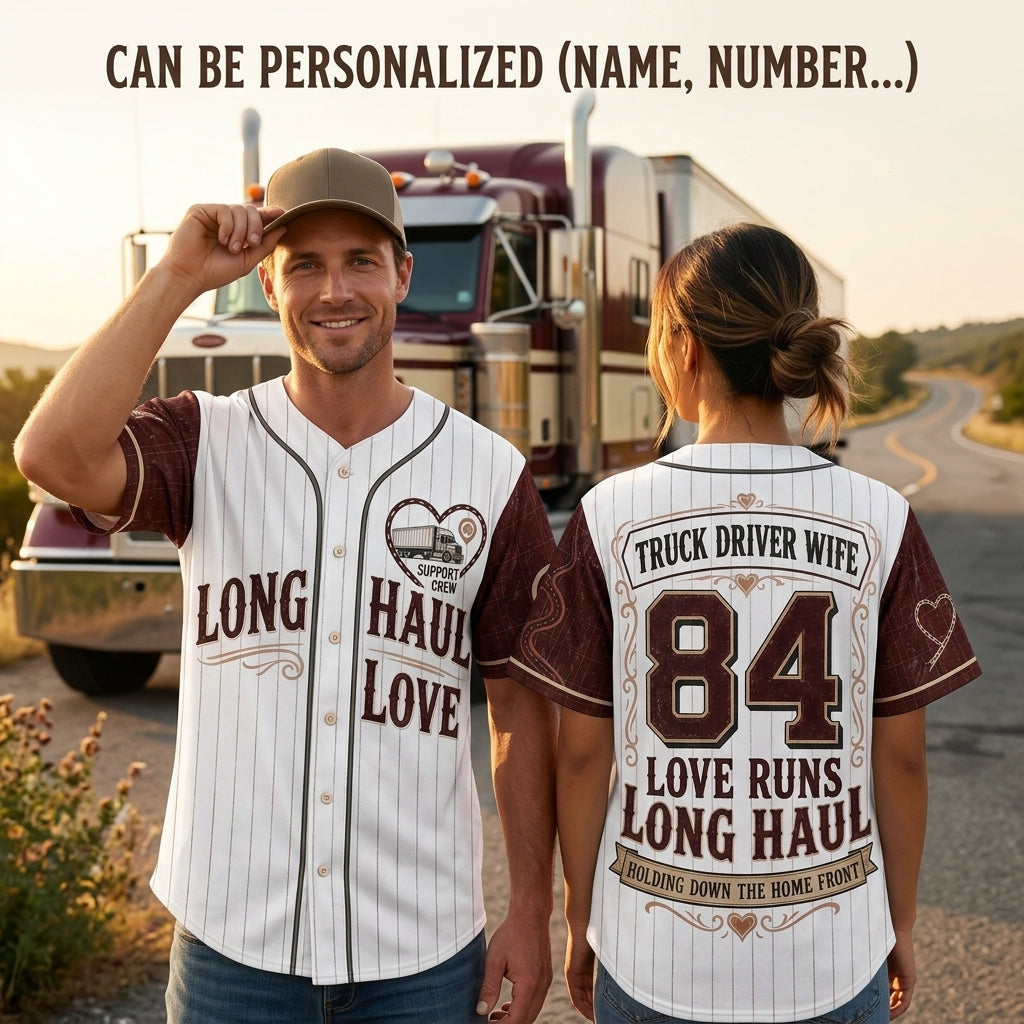 Personalized Trucker Wife Baseball Jersey - Custom Name & Number Long Haul Love Gift
