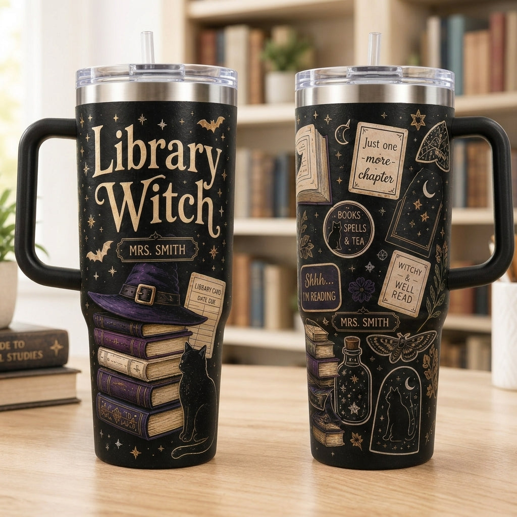 Personalized Library Witch 40oz Tumbler with Handle, Custom Name Book Lover Gift, Dark Academia Witchy Gifts