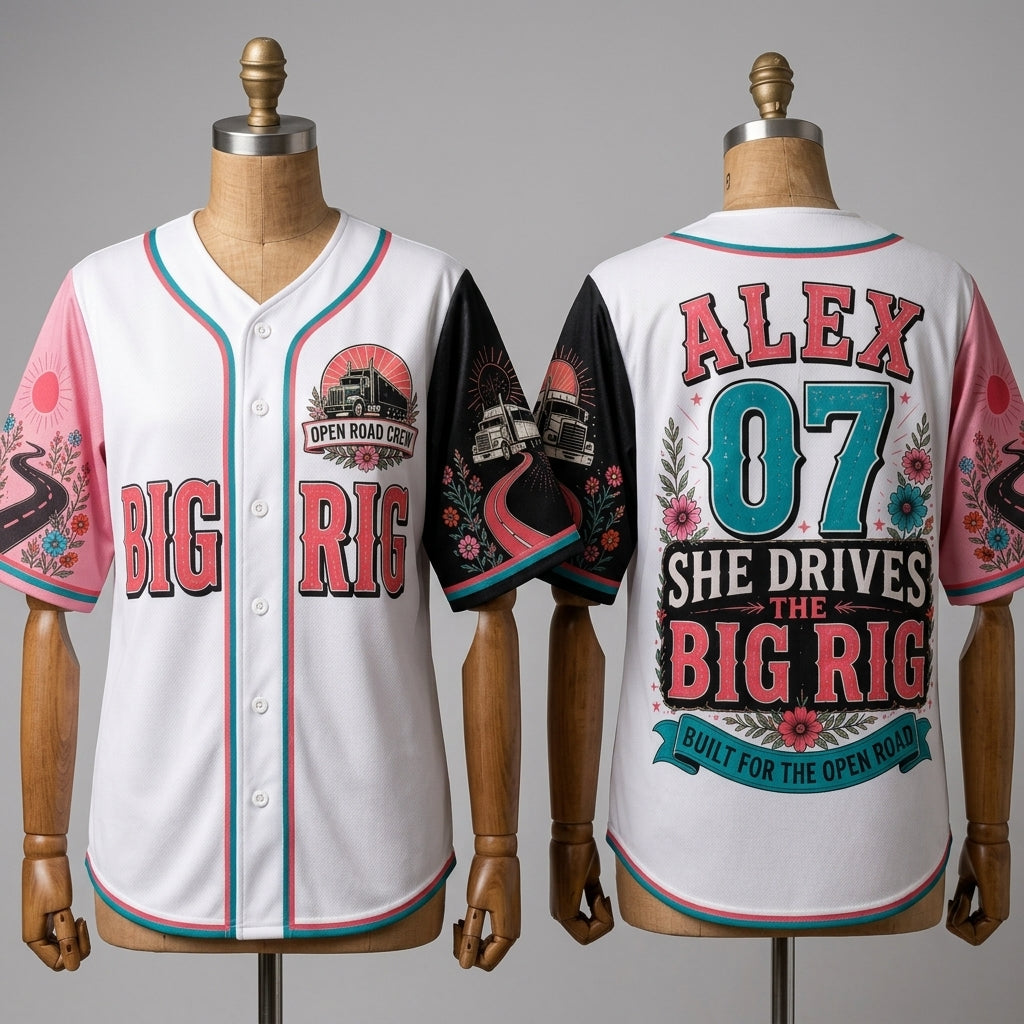 Personalized She Drives The Big Rig Baseball Jersey - Custom Name & Number Trucker Gift for Women