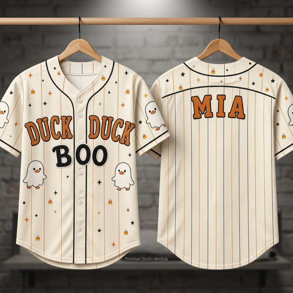Personalized Duck Duck Boo Halloween Baseball Jersey - Custom Ghost Duck Name Sporty Shirt