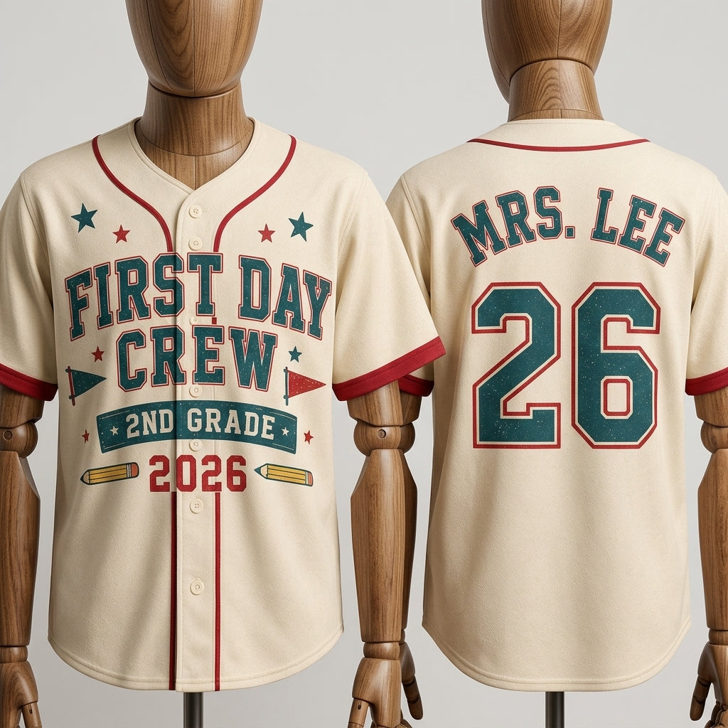 Personalized First Day Crew Baseball Jersey - Custom Name and Number - Custom Teacher Name and Grade School Shirt - Retro Back to School Outfit