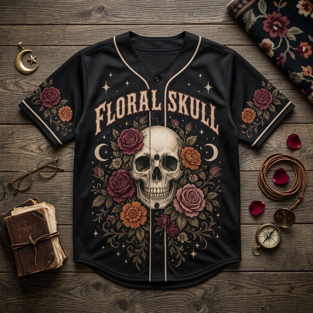 Personalized Floral Skull Baseball Jersey with Custom Name - Vintage Gothic Rose Athletic Shirt