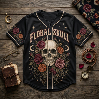 Personalized Floral Skull Baseball Jersey with Custom Name - Vintage Gothic Rose Athletic Shirt