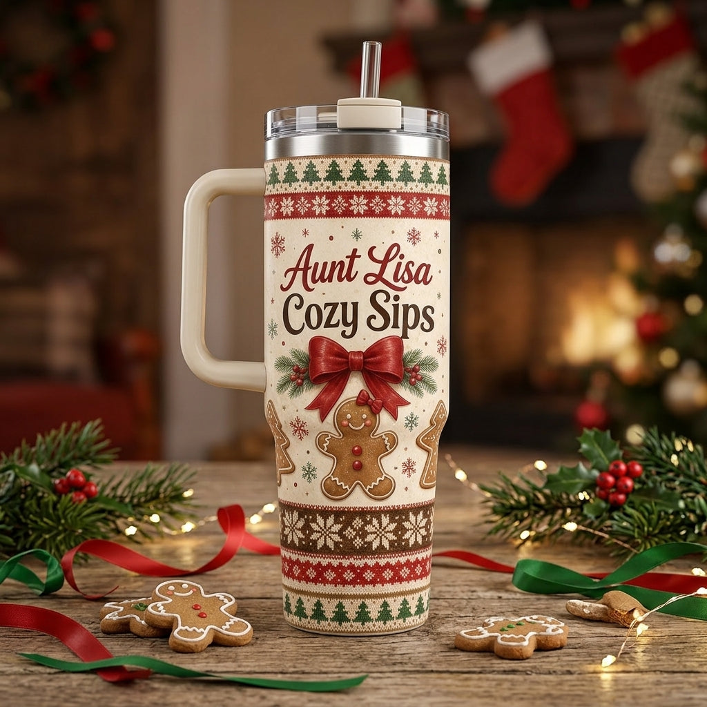Personalized Christmas Gingerbread 40oz Tumbler with Handle, Custom Name Holiday Gift for Aunt