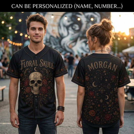 Personalized Gothic Floral Skull Baseball Jersey - Custom Name Dark Aesthetic Roses & Moon Sporty Button Down