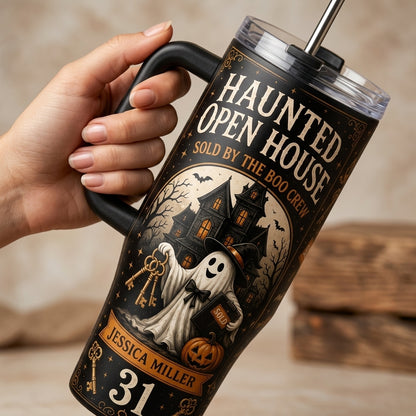 Personalized Haunted Open House Real Estate 40oz Tumbler with Handle - Custom Realtor Halloween Gift