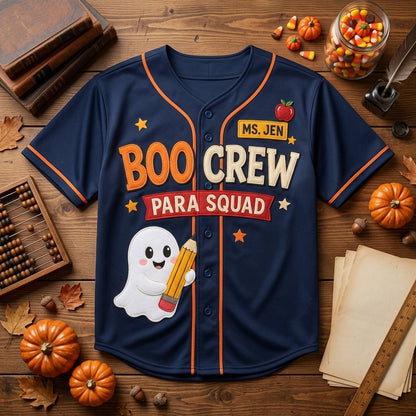 Personalized Boo Crew Para Squad Halloween Baseball Jersey - Custom Teacher Name Classroom Crew Navy Jersey