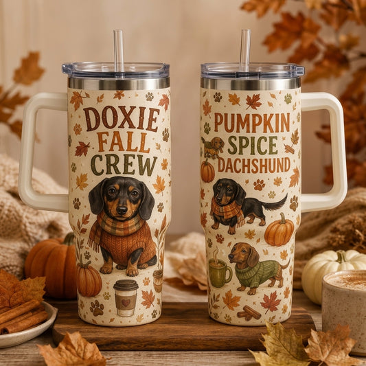 Doxie Fall Crew 40oz Tumbler with Handle - Pumpkin Spice Dachshund Fall Dog Lover Gift