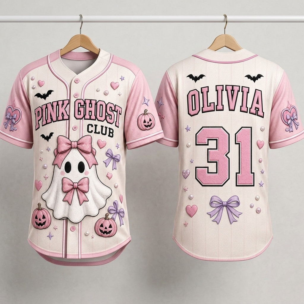 Personalized Pink Ghost Club Baseball Jersey - Custom Name and Number Kawaii Coquette Halloween Outfit product view 3