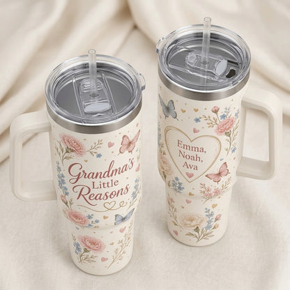 Personalized Grandma's Little Reasons 40oz Tumbler with Handle, Custom Grandkids Names Floral Mug