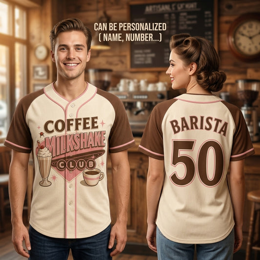 Personalized Coffee Milkshake Club Baseball Jersey - Retro Barista Gift - Custom Name and Number Vintage Jersey